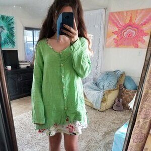 FLAX 100% Linen Swing Green Button-Up Top Size Small